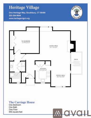 A floor plan for a Heritage Village Carriage House with one bedroom, one bath, and one floor.