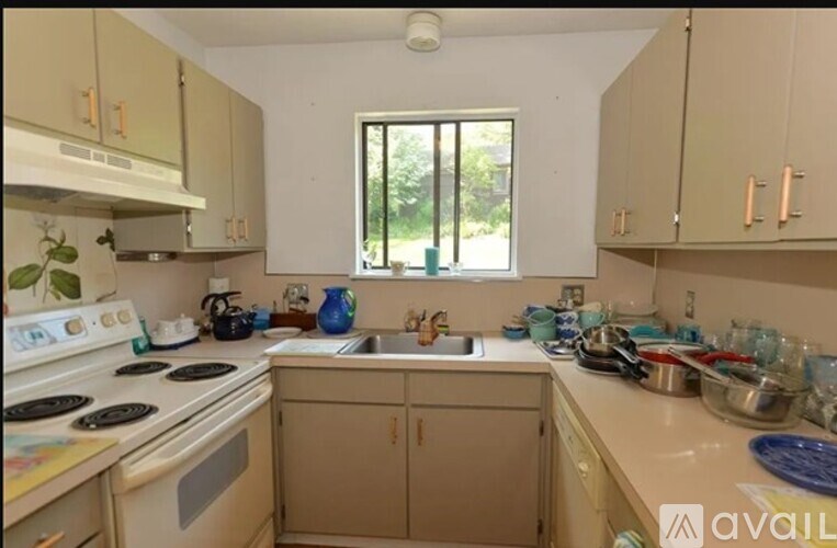 A kitchen with a stove, sink, and cabinets.