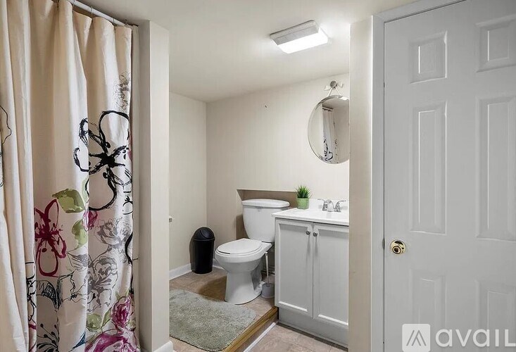 A bathroom with a floral shower curtain and a white door.