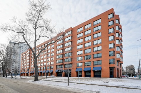 A red brick building with a tree in front of it.