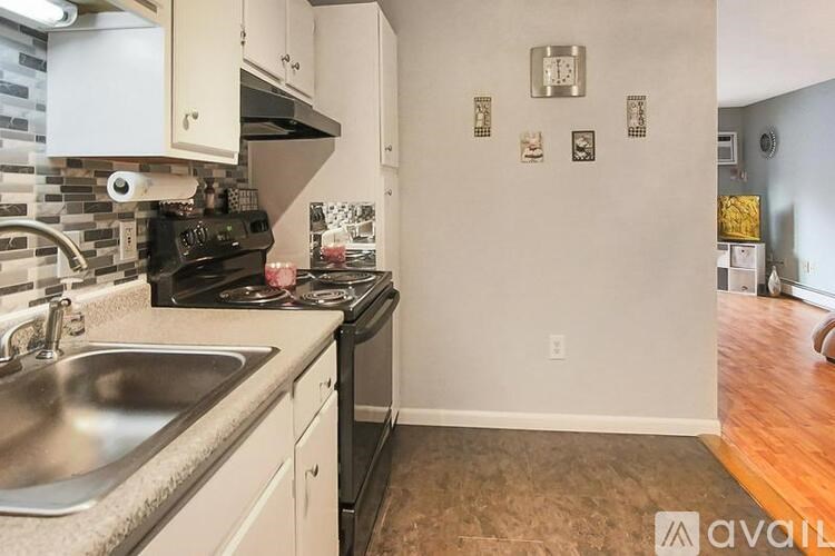 A kitchen with a stove, sink, and cabinets.