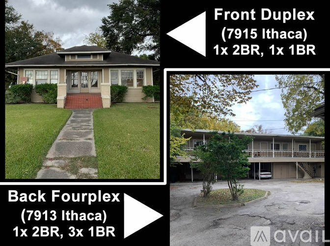 Two houses in Ithaca, one with a front duplex and one with a back fourplex.