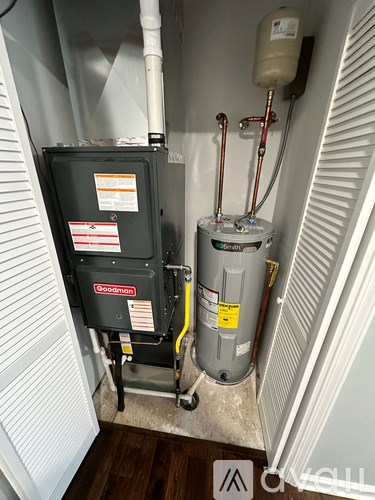 A Goodman furnace and a water heater in a narrow hallway.