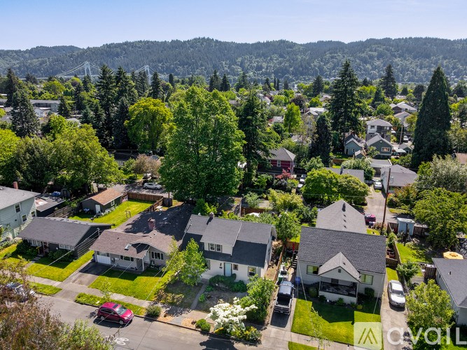 A suburban neighborhood with houses and trees.