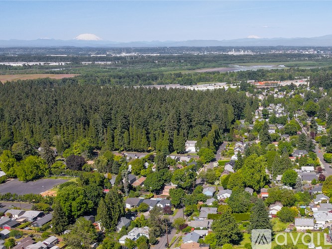 A bird's eye view of a residential area with houses and trees.