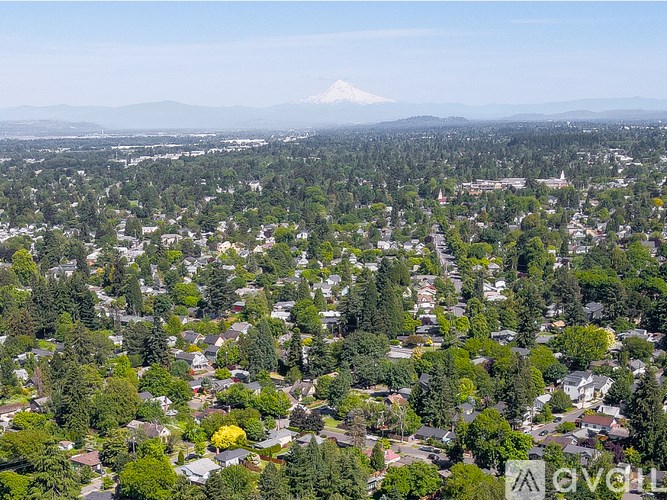 A small town with a mountain in the background.