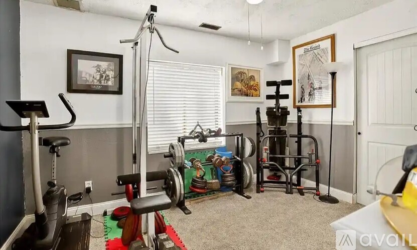 A home gym with various exercise equipment and a red mat on the floor.
