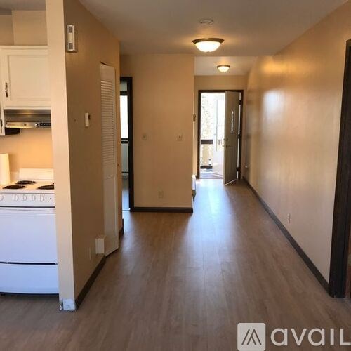 A long hallway with a kitchen area on the left side.