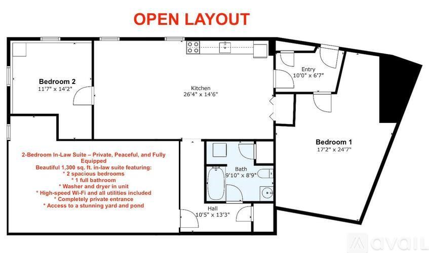 A floor plan of a two bedroom apartment with an open layout.