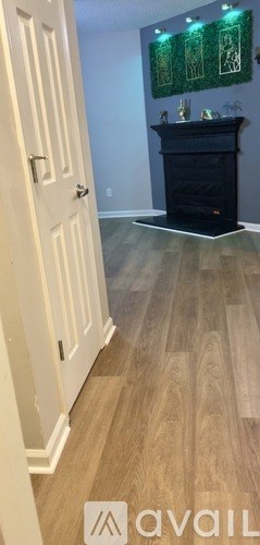 A room with a wooden floor and a white door.