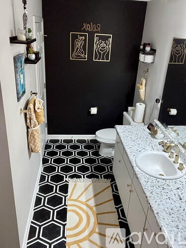 A bathroom with a black and white hexagonal tile floor.