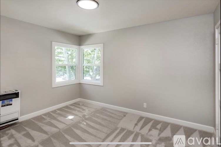 A room with a patterned carpet and a window.