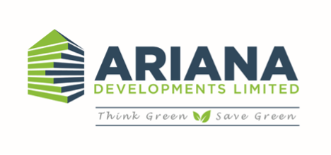The image is a logo of a company named Ariana Developments Limited with a tagline "Think Green Save Green".