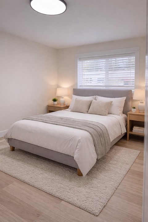 A bedroom with a bed, nightstands, and a window with blinds.