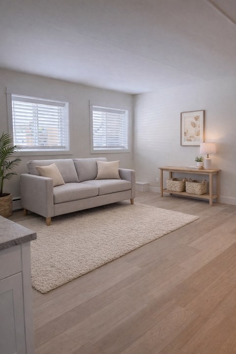 A living room with a grey couch and a wooden side table.
