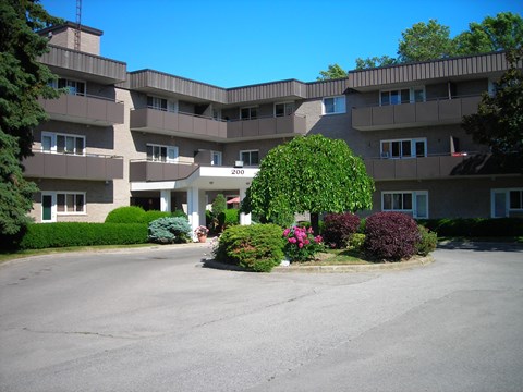 Apartment complex with a green bush in front.