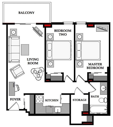 A floor plan of a house with a balcony, two bedrooms, a living room, a kitchen, a foyer, a bathroom, and storage.