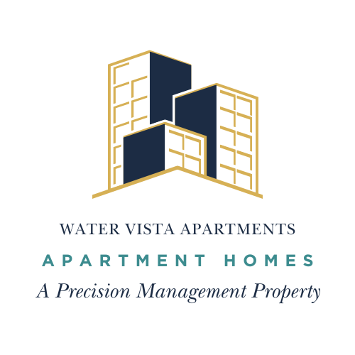 A logo for Water Vista Apartments with buildings and the words Apartment Homes.
