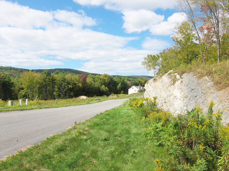 A road with green grass on the side and a white rock formation on the right.