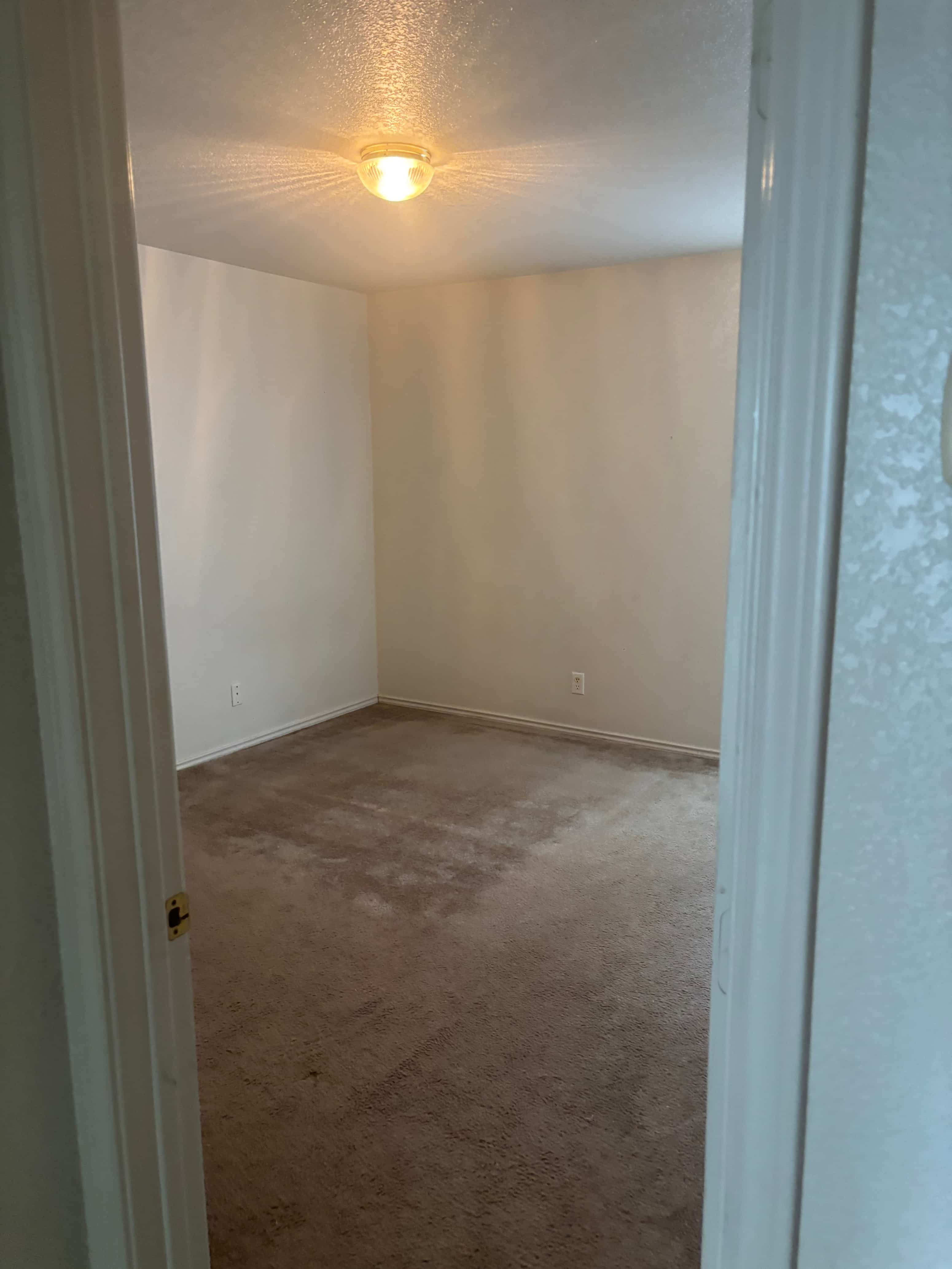 A room with a light on the ceiling and carpet on the floor.