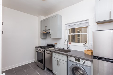 A kitchen with a stove, oven, and dishwasher.