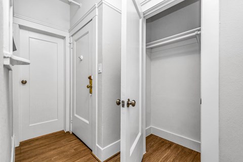 A white door with a gold handle is open to a white closet.