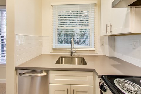 A kitchen with a stainless steel sink and dishwasher.