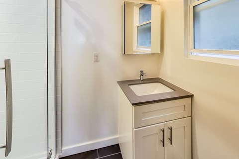 A bathroom with a sink and a mirror.