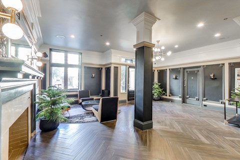 A large open space with a black column in the middle.