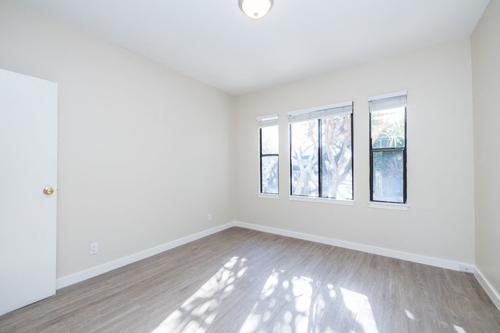 A room with a white door, a window with a view of trees and a ceiling light.