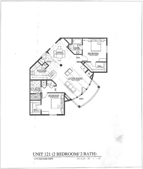A floor plan of a unit with two bedrooms and two bathrooms.
