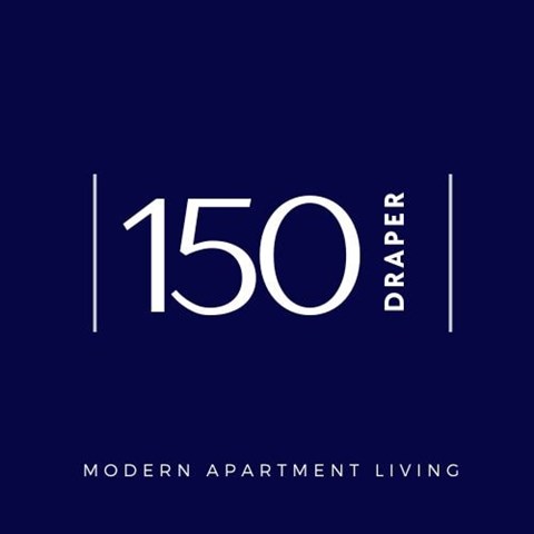 A poster with the number 150 and the words "Modern Apartment Living" on a dark blue background.