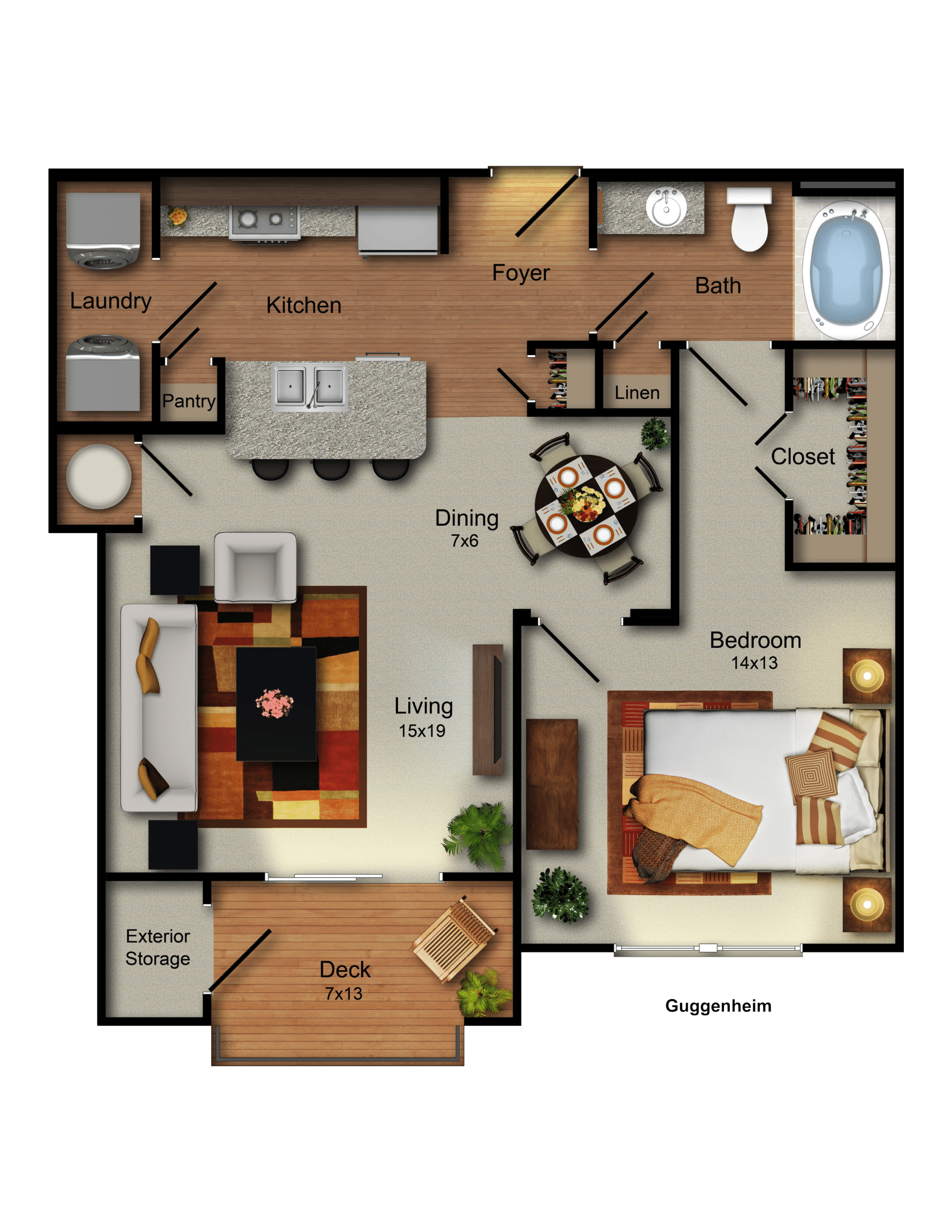 Guggenheim 1 bed 1 bath apartment floor plan at Residences at Prairiefire in Overland Park, KS with open kitchen, living area, deck, and walk-in closet.