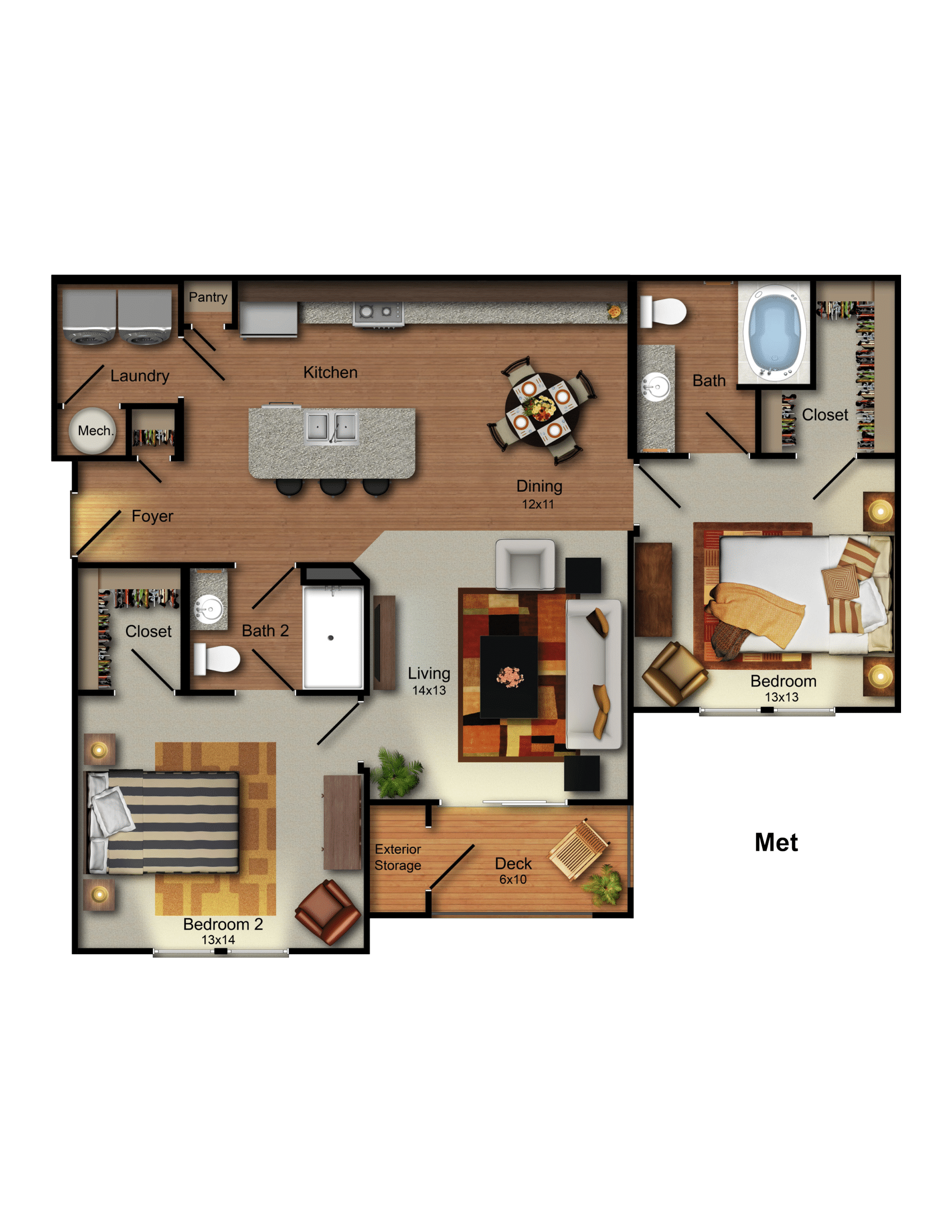 Met 2 bed 2 bath apartment floor plan at Residences at Prairiefire in Overland Park, KS with open kitchen, dining area, spacious living room, private deck, and walk-in closets.