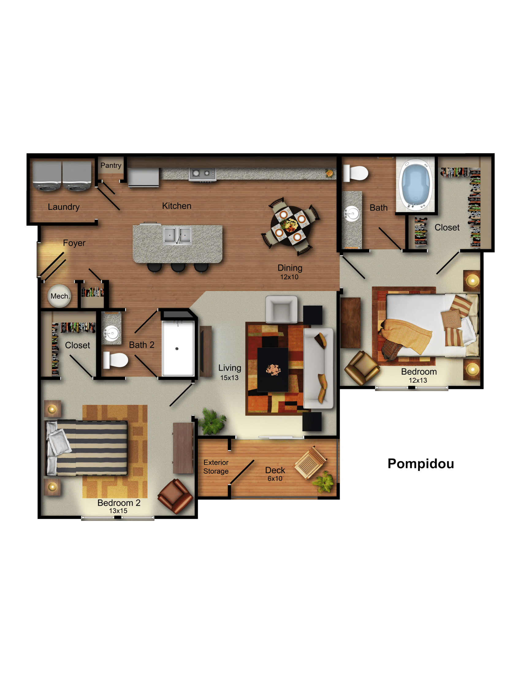 Pompidou 2 bed 2 bath apartment floor plan at Residences at Prairiefire in Overland Park, KS with open kitchen, dining area, spacious living room, private deck, and walk-in closets.