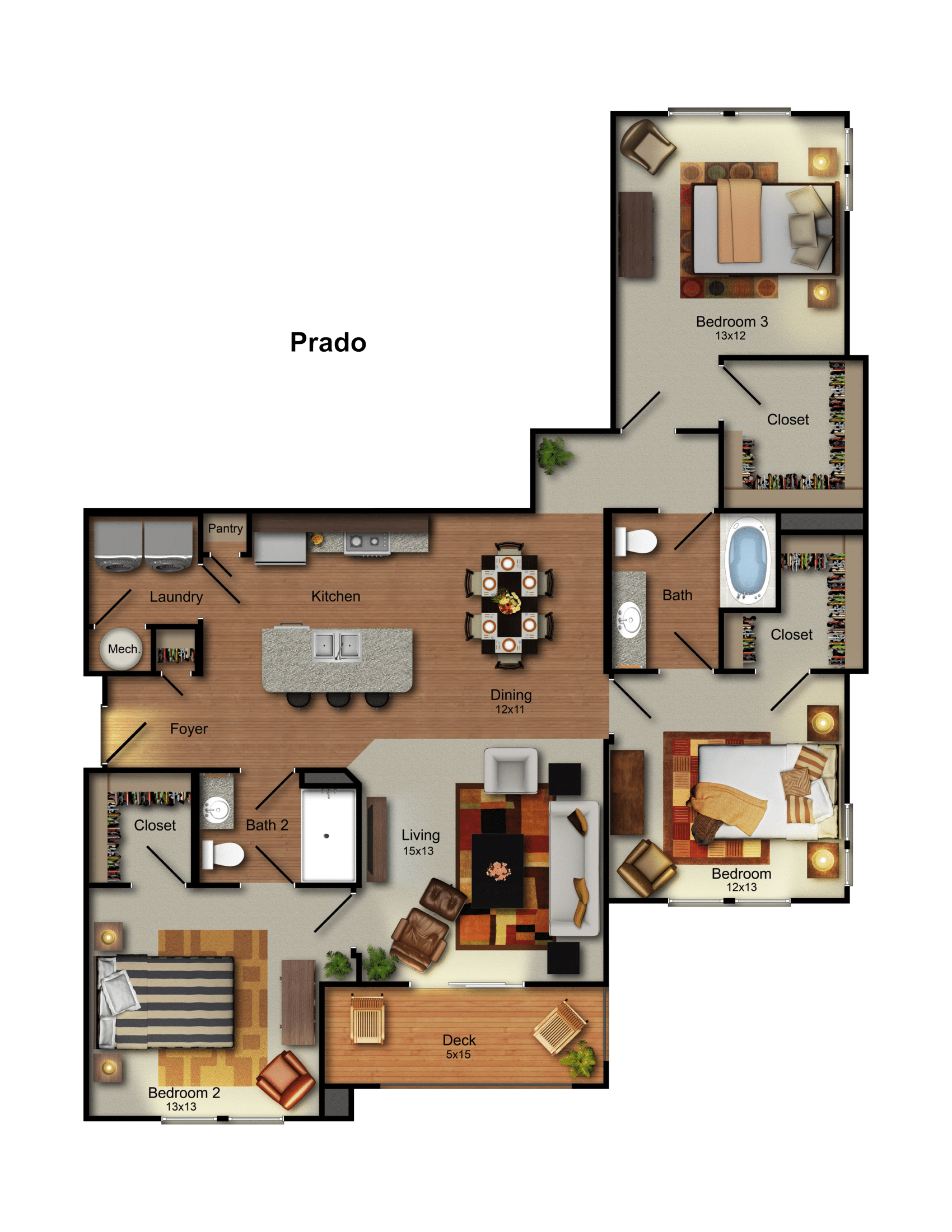 Prado 3 bed 2 bath apartment floor plan at Residences at Prairiefire in Overland Park, KS with open kitchen, dining area, spacious living room, private deck, and walk-in closets.