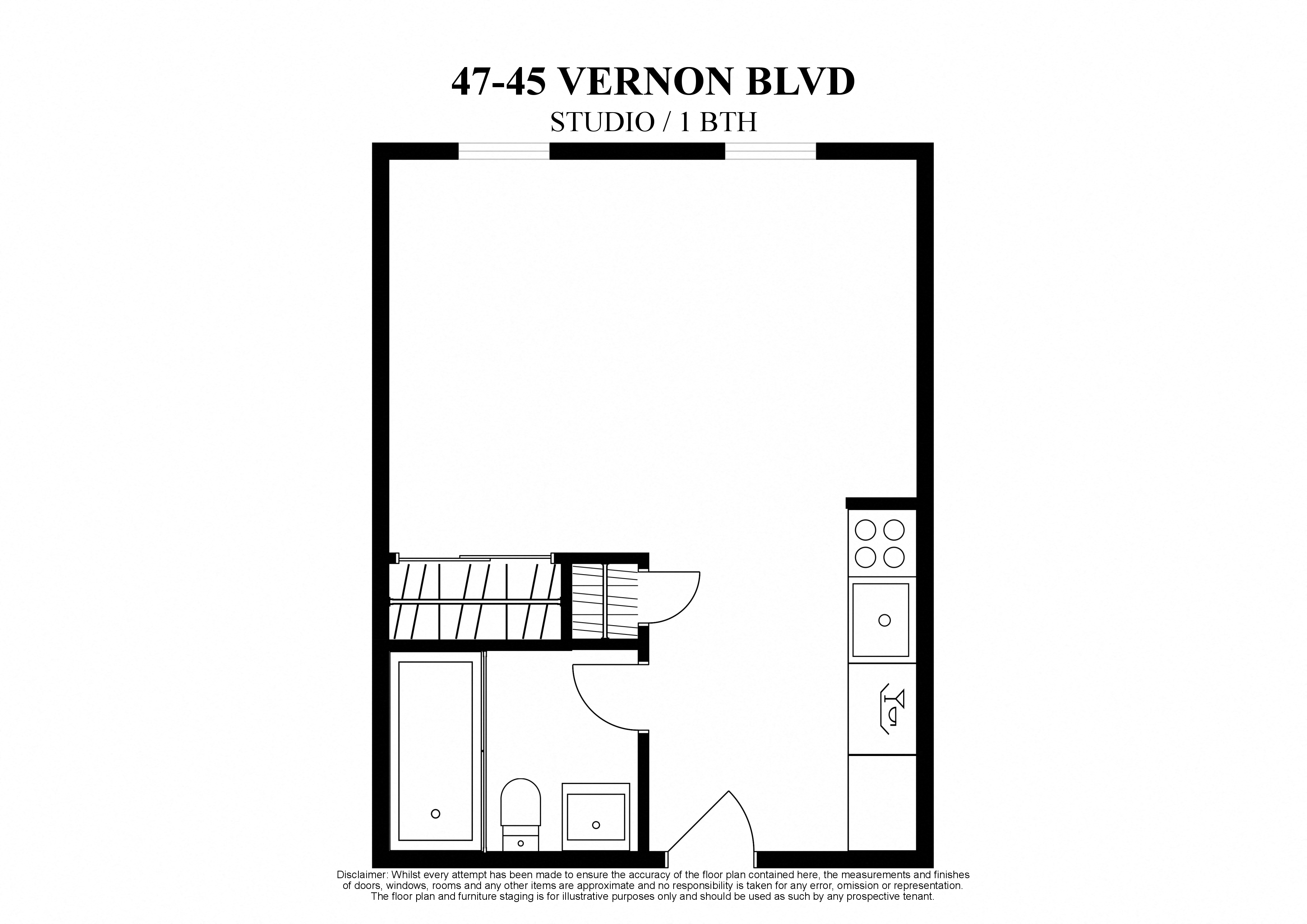 2D floor plan for studio, 1 bath for 4745 Vernon boulevard at Long Island City New York