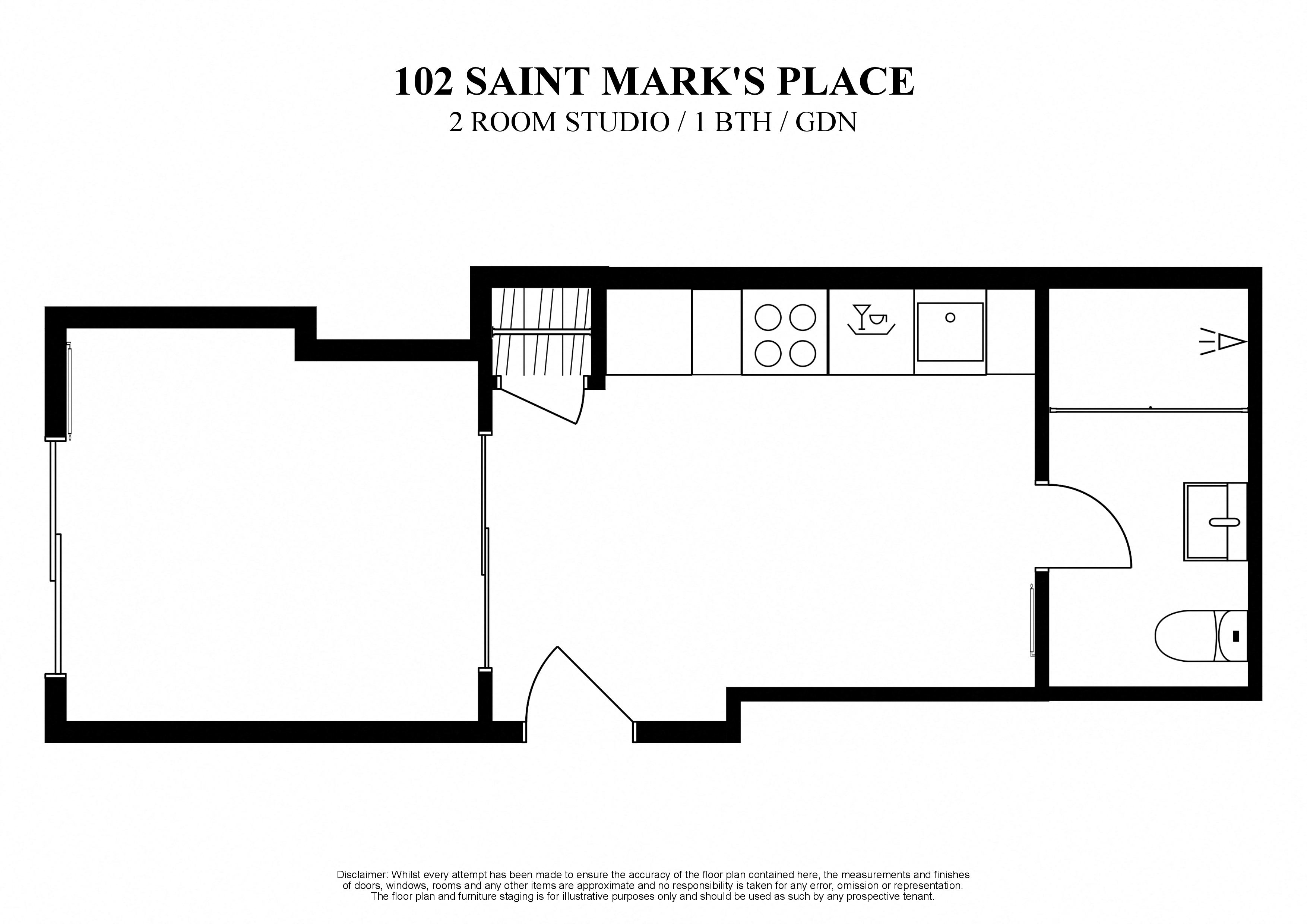 2D floor plan for 2 room studio with a private garden and one bath at 102 Saint Mark's Place New York