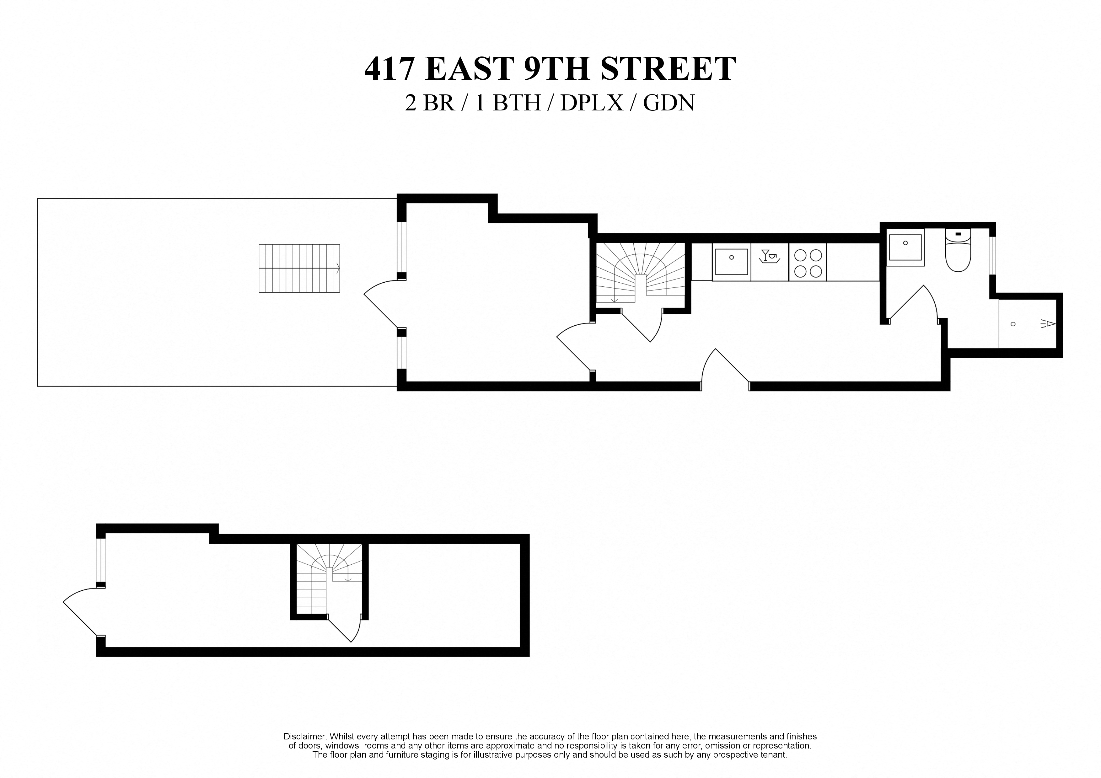floor plan for 2 bedroom one bathroom duplex with private garden at 417 East 9th Street New York
