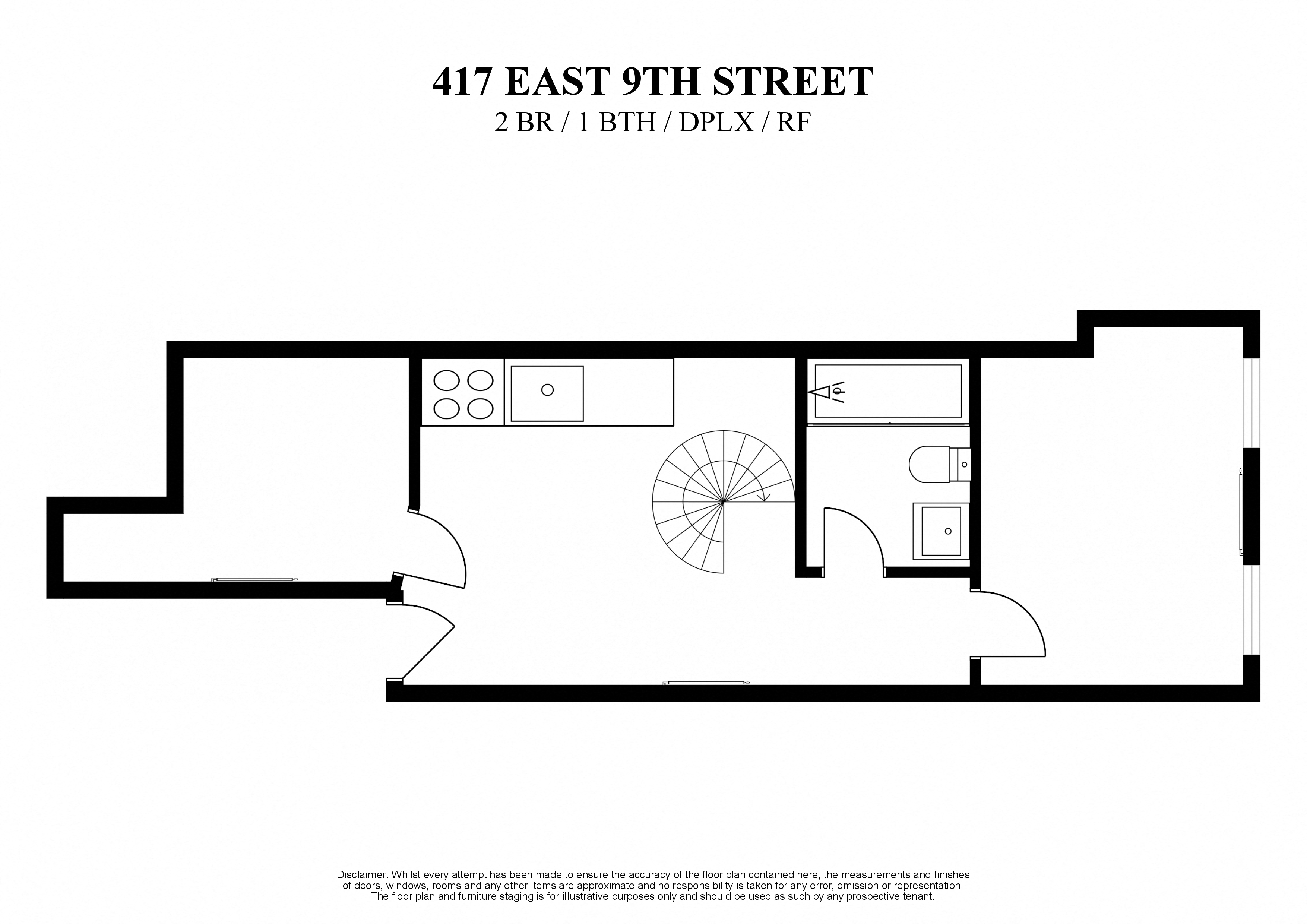 2D floor plan of 2 bedroom, one bathroom, duplex, roof deck in the East Village New York