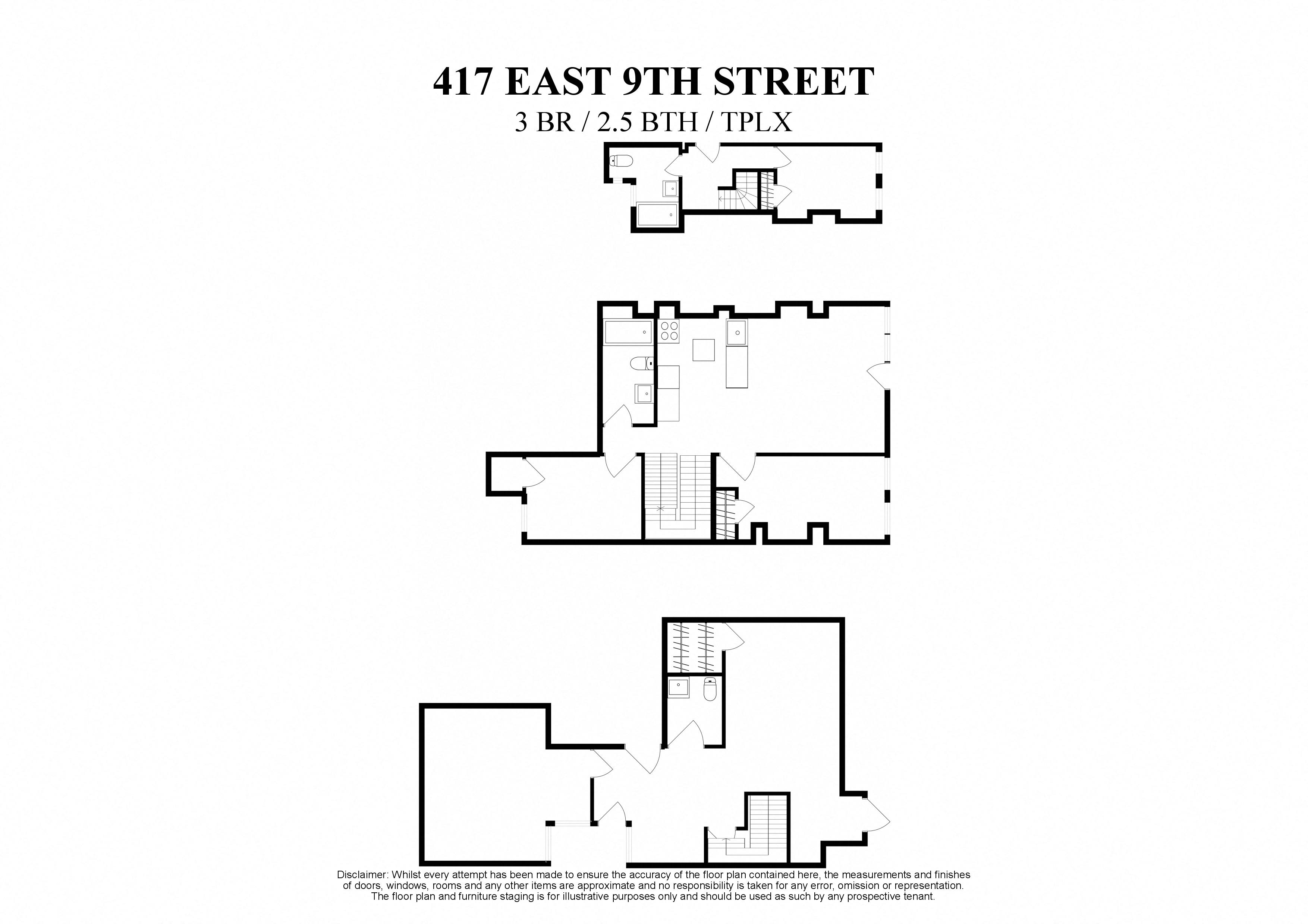 floor plan for triplex 3 bedroom, 2.5 bathrooms at 417 East 9th Street New York