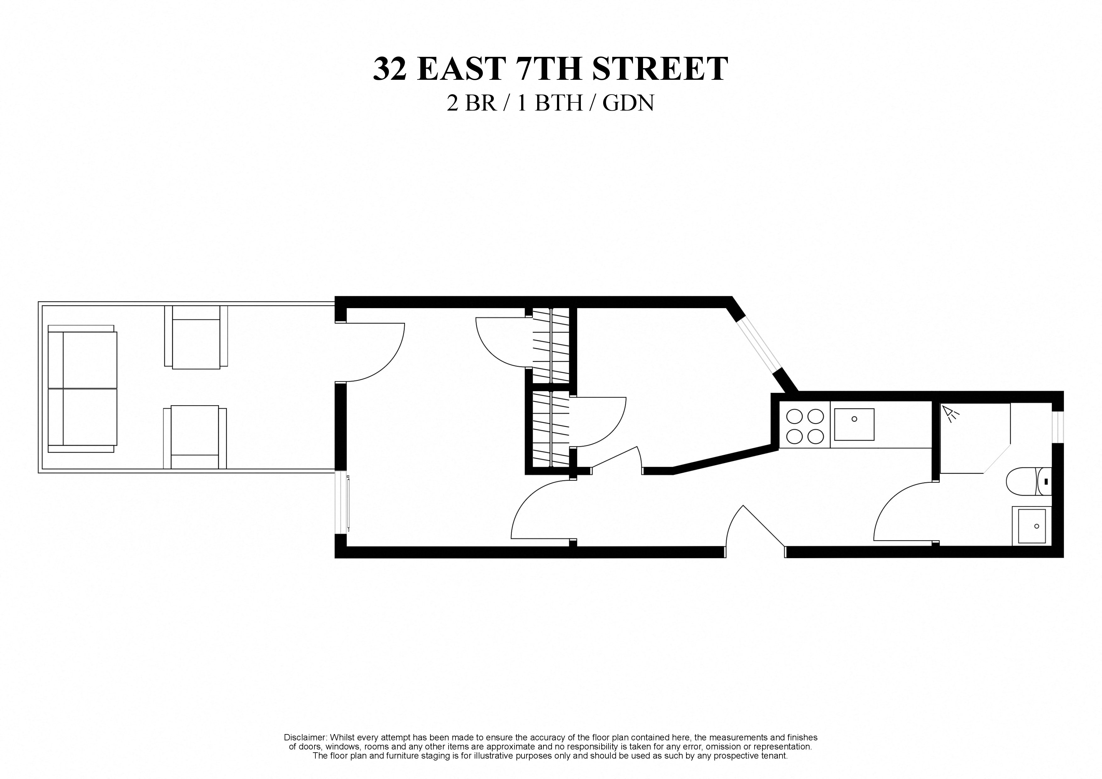 2D floor plan of two bedroom one bathroom with a private garden at 32 East 7th Street New York