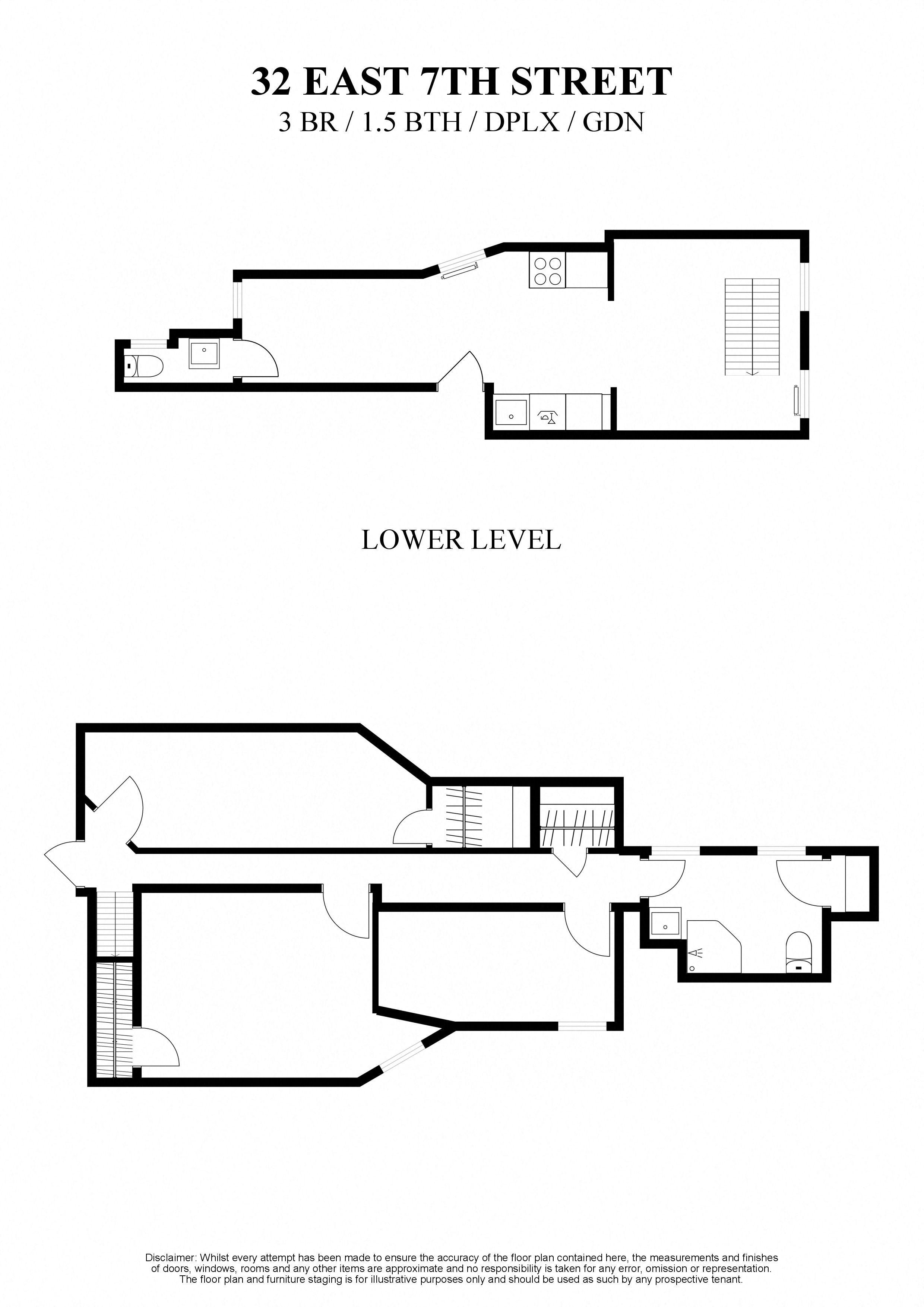 2D Floor plan for 3 bedroom duplex with 1.5 baths and private garden at 32 East 7th Street New York