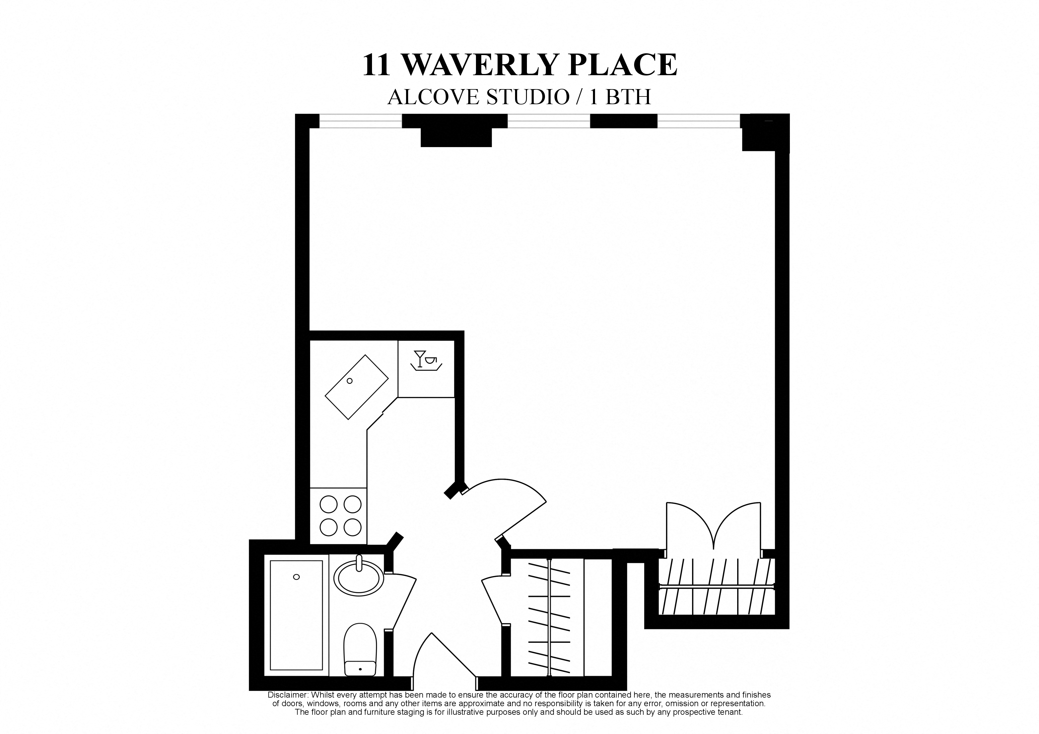 2D floor plan of alcove studio at 11 Waverly Place