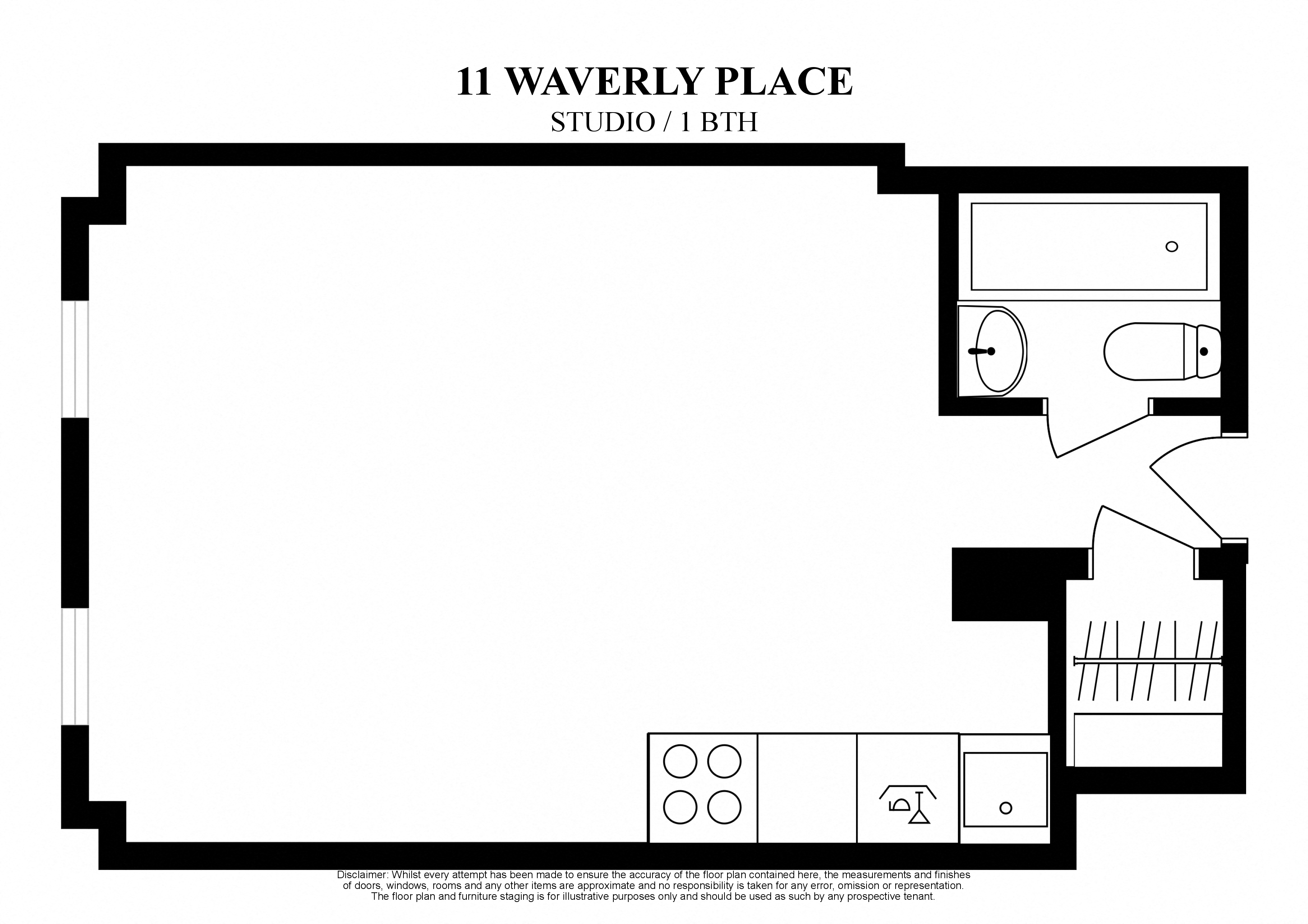2D floor plan of Studio with one bath at 11 Waverly Place