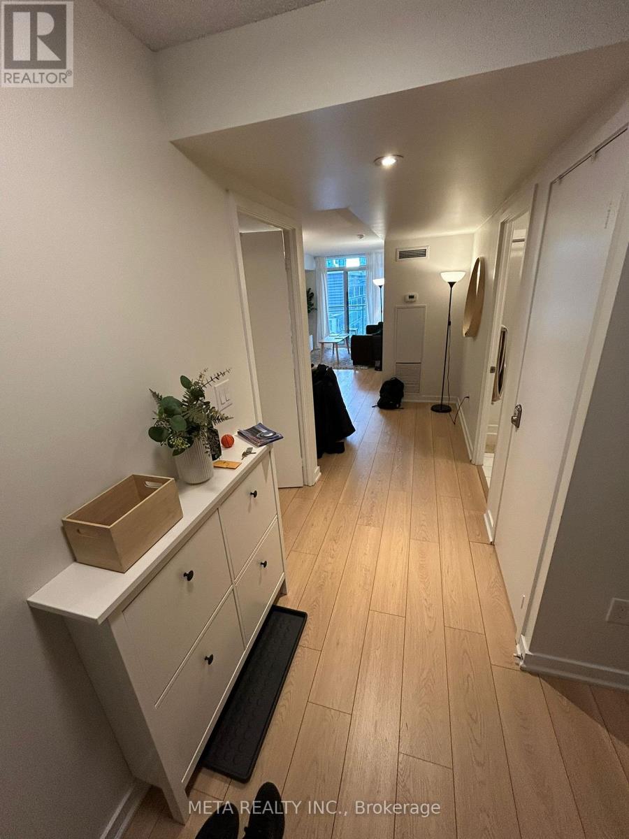 A hallway with a black mat on the floor and a plant on the counter.
