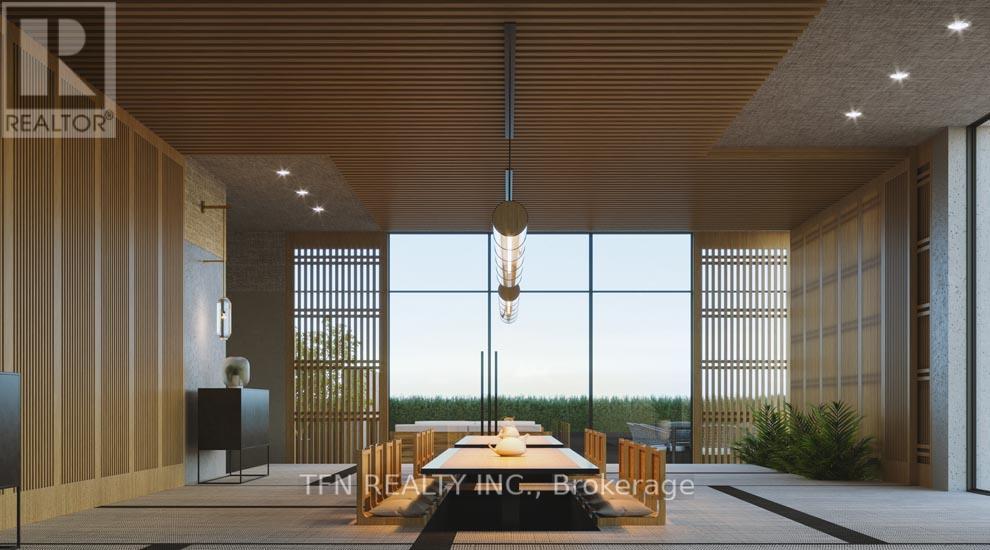 A modern dining room with a wooden table and chairs.