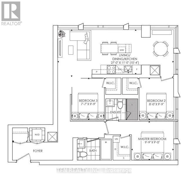 A floor plan of a house with a living room, dining room, and three bedrooms.