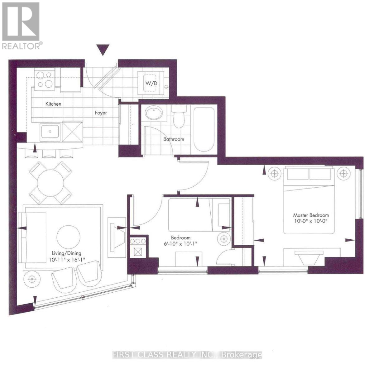 A floor plan of a house with a kitchen, living room, dining room, foyer, and two bedrooms.
