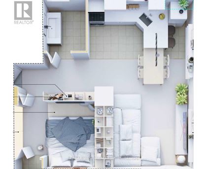 A white bedroom with a bed, nightstand, and a shelf with a plant on it.